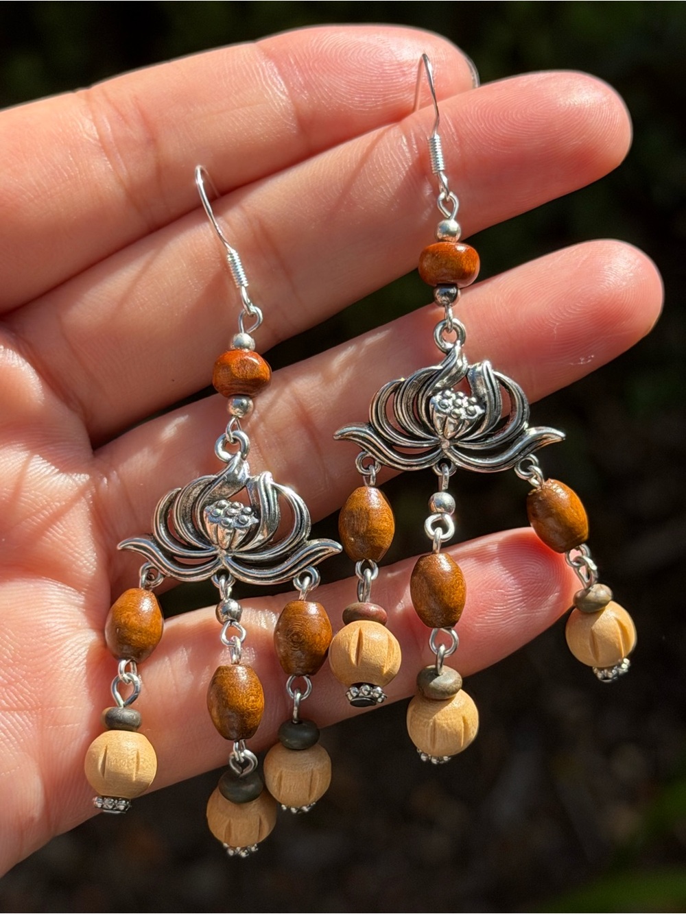 Boho Lotus Dangle Earrings in Warm Brown and Natural Wood Palo